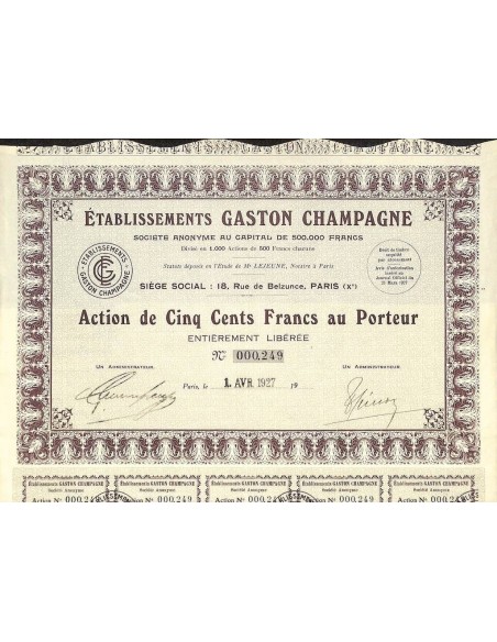 1927 - ETABLISSEMENTS GASTON CHAMPAGNE