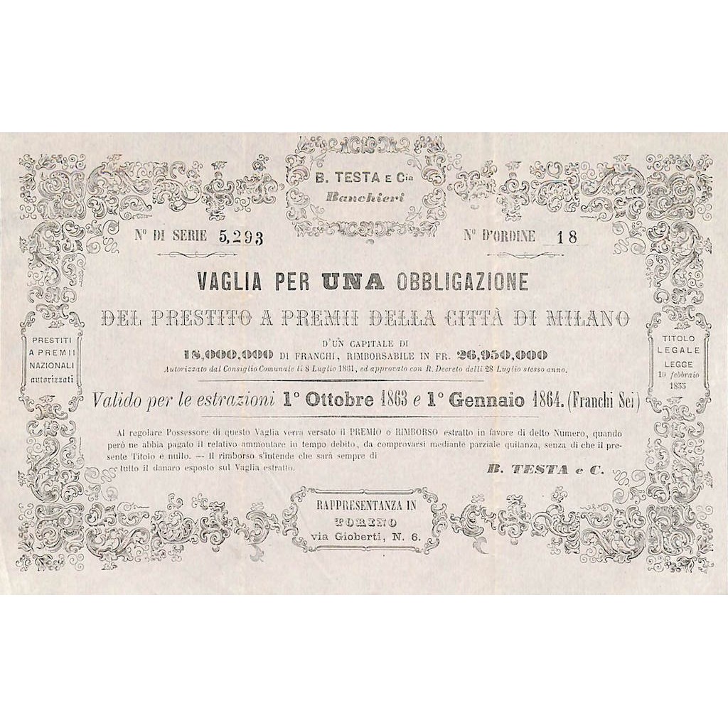 PRESTITO A PREMI DELLA CITTA' DI MILANO - 1 OBBLIGAZIONE TORINO 1861