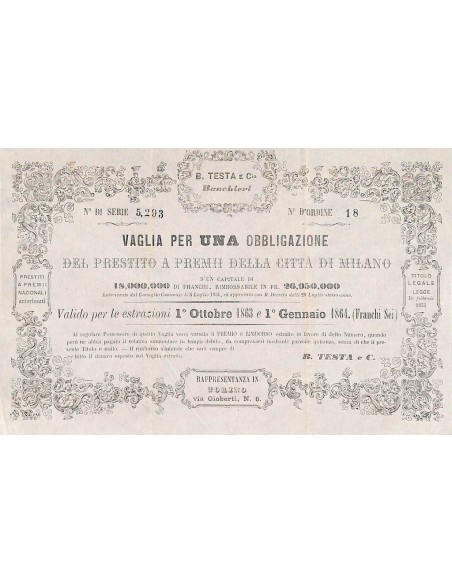 PRESTITO A PREMI DELLA CITTA' DI MILANO - 1 OBBLIGAZIONE TORINO 1861