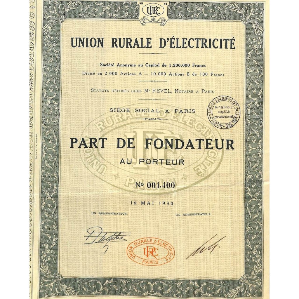 1930 - UNION RURALE D'ÉLECTRICITÉ