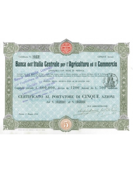 BANCA DELL'ITALIA CENTRALE PER L'AGRICOLTURA ED IL COMMERCIO 5 AZIONI PISTOIA