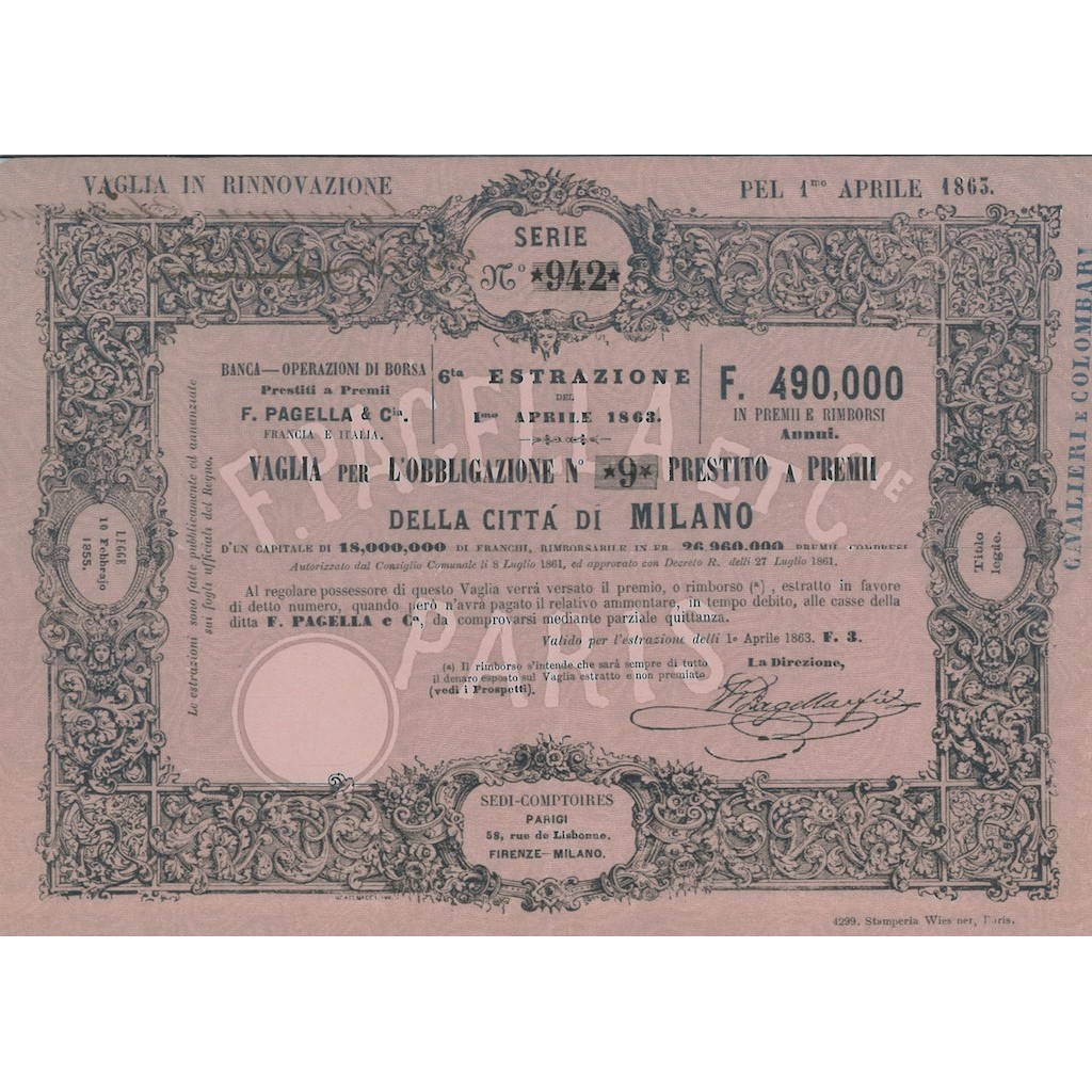 PRESTITO A PREMI DELLA CITTA' DI MILANO - VAGLIA 1 OBBLIGAZIONE 1863