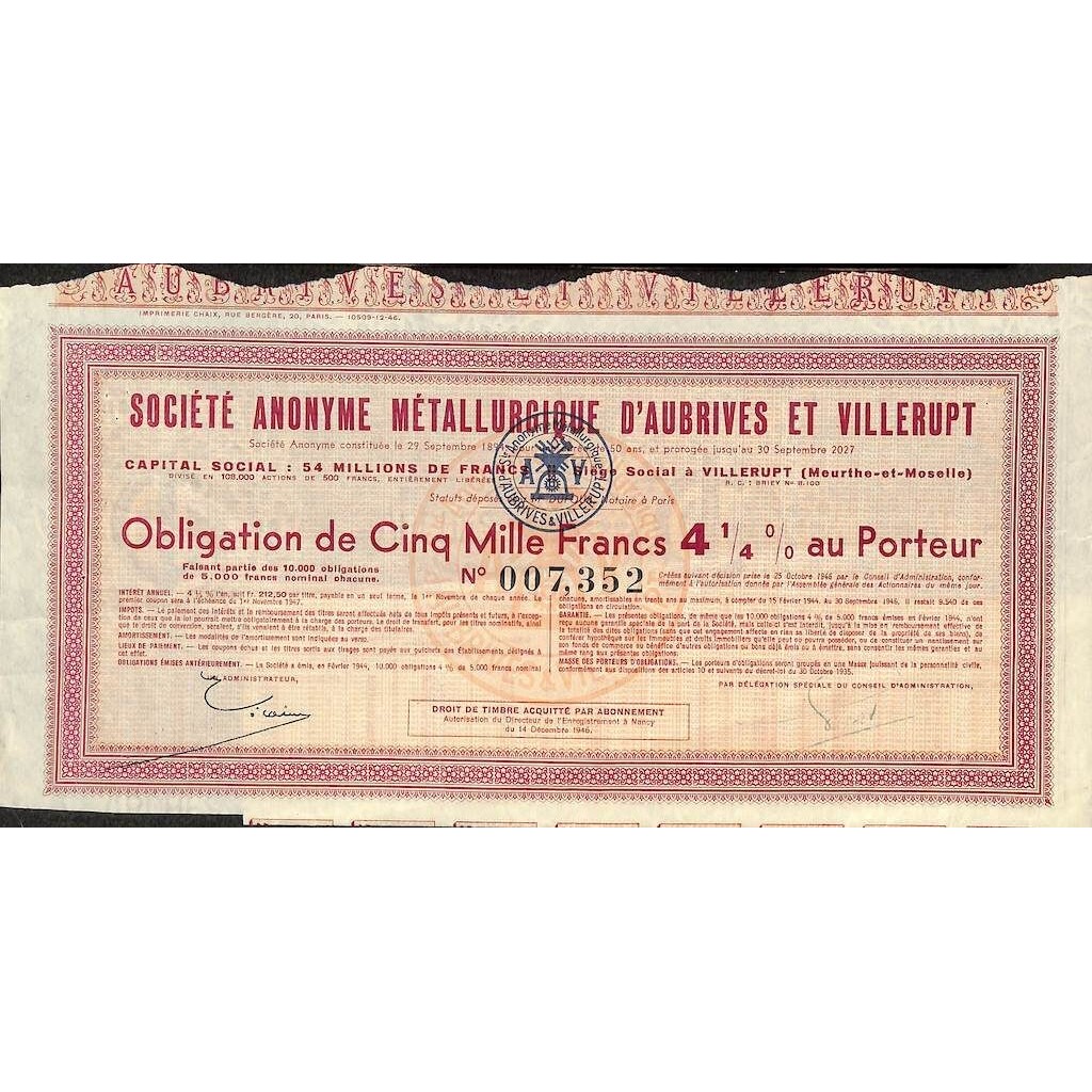 1946 - METALLURGIQUE D'AUBRIVES ET VILLERUPT...
