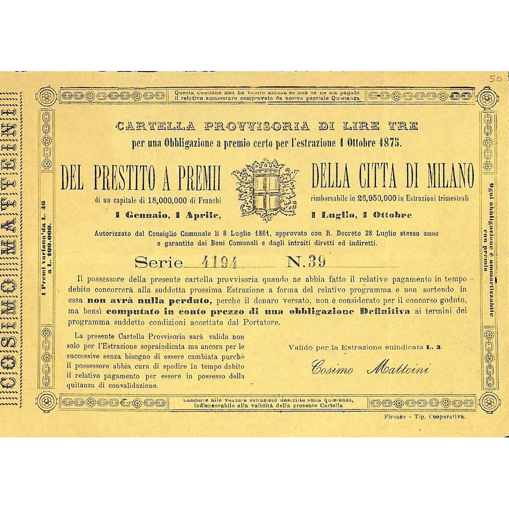 PRESTITO A PREMI DELLA CITTA' DI MILANO - 1 OBBLIGAZIONE 1875