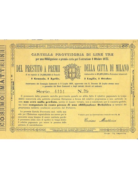 PRESTITO A PREMI DELLA CITTA' DI MILANO - 1 OBBLIGAZIONE 1875