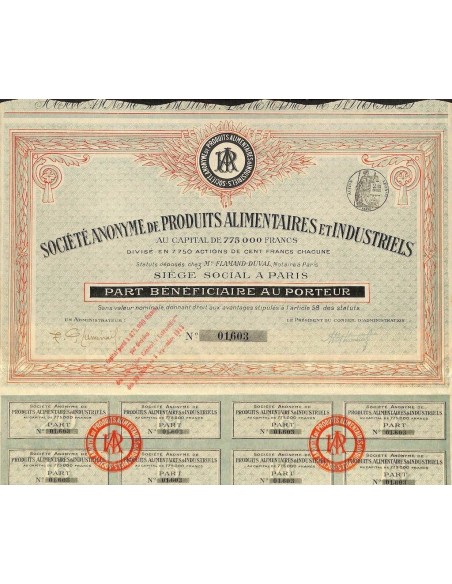1913 - PRODUITS ALIMENTAIRES ET INDUSTRIELS SOC. AN. DE