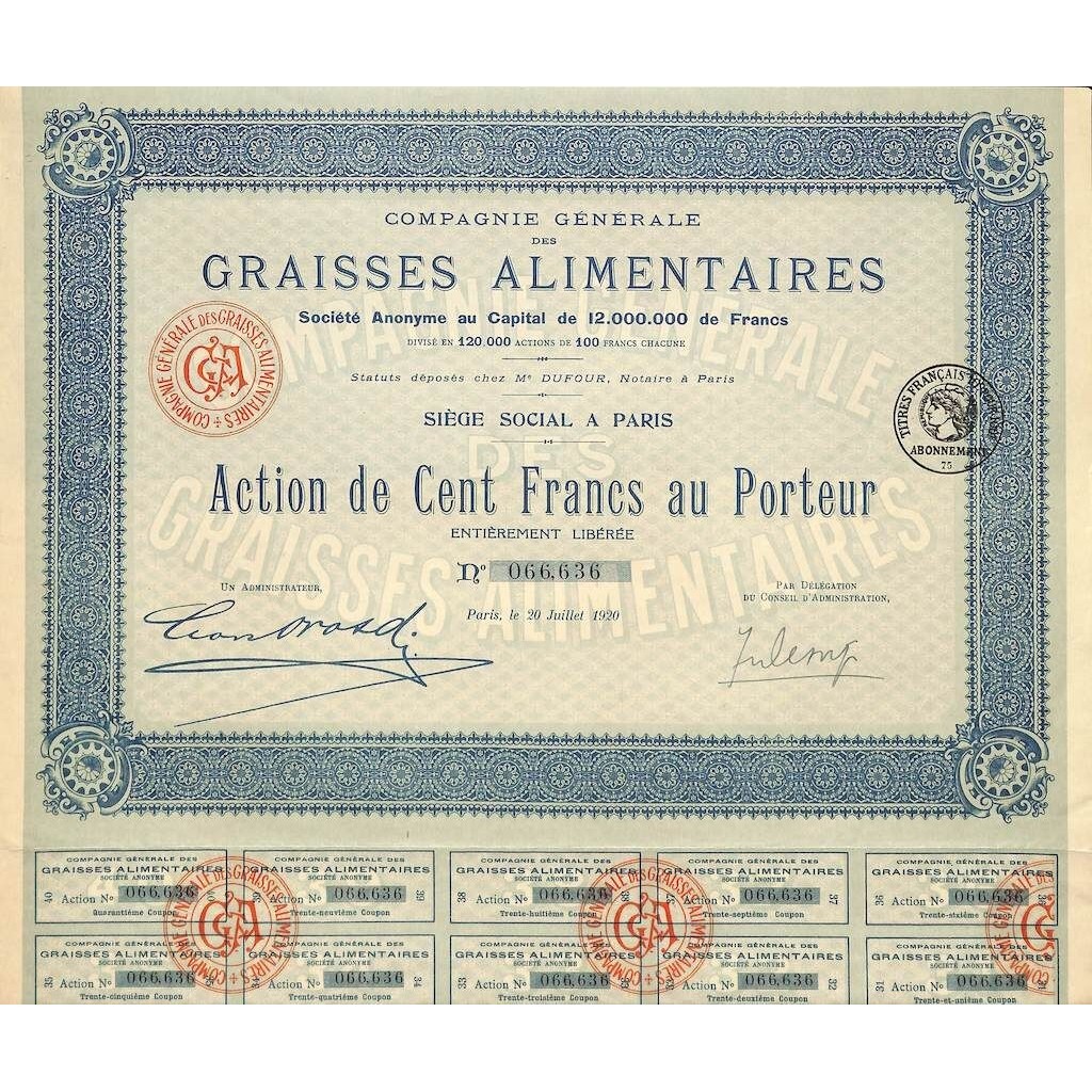 1920 - GRAISSES ALIMENTAIRES COMP. GENERALE DES