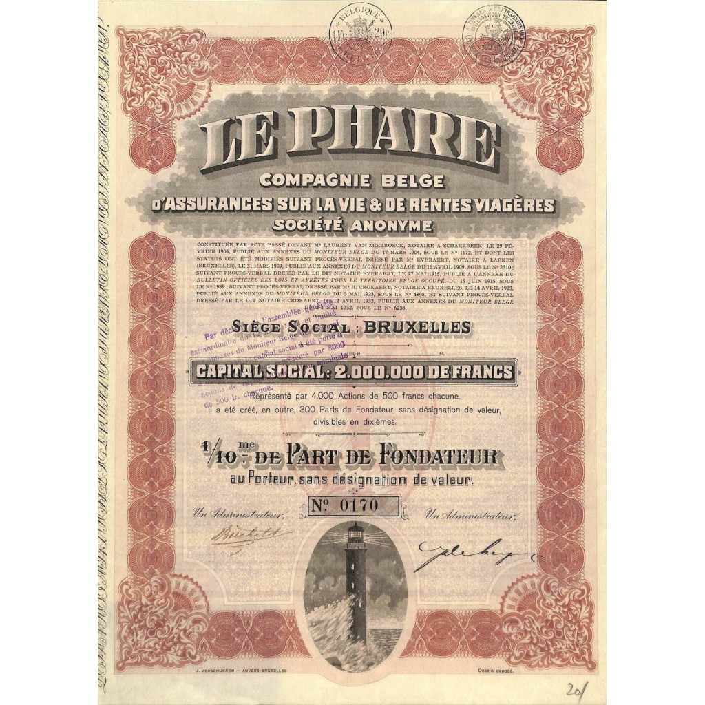 1932 - LE PHARE - COMP. BELGE D'ASSURANCES SUR LA VIE ET DE RENTES VIAGERES