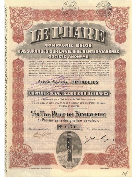 1932 - LE PHARE - COMP. BELGE D'ASSURANCES SUR LA VIE ET DE RENTES VIAGERES