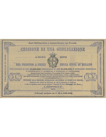 PRESTITO A PREMI DELLA CITTA' DI MILANO-CESSIONE DI 1 OBBLIGAZIONE 1861