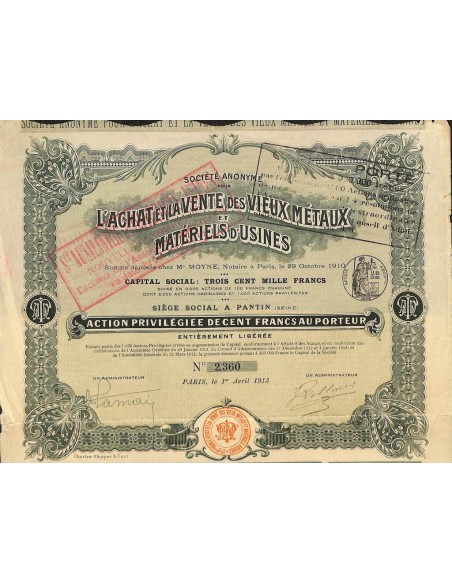 1913 - L'ACHAT ET LA VENTE DES VIEUX METAUX ET MATERIELS D'USINES