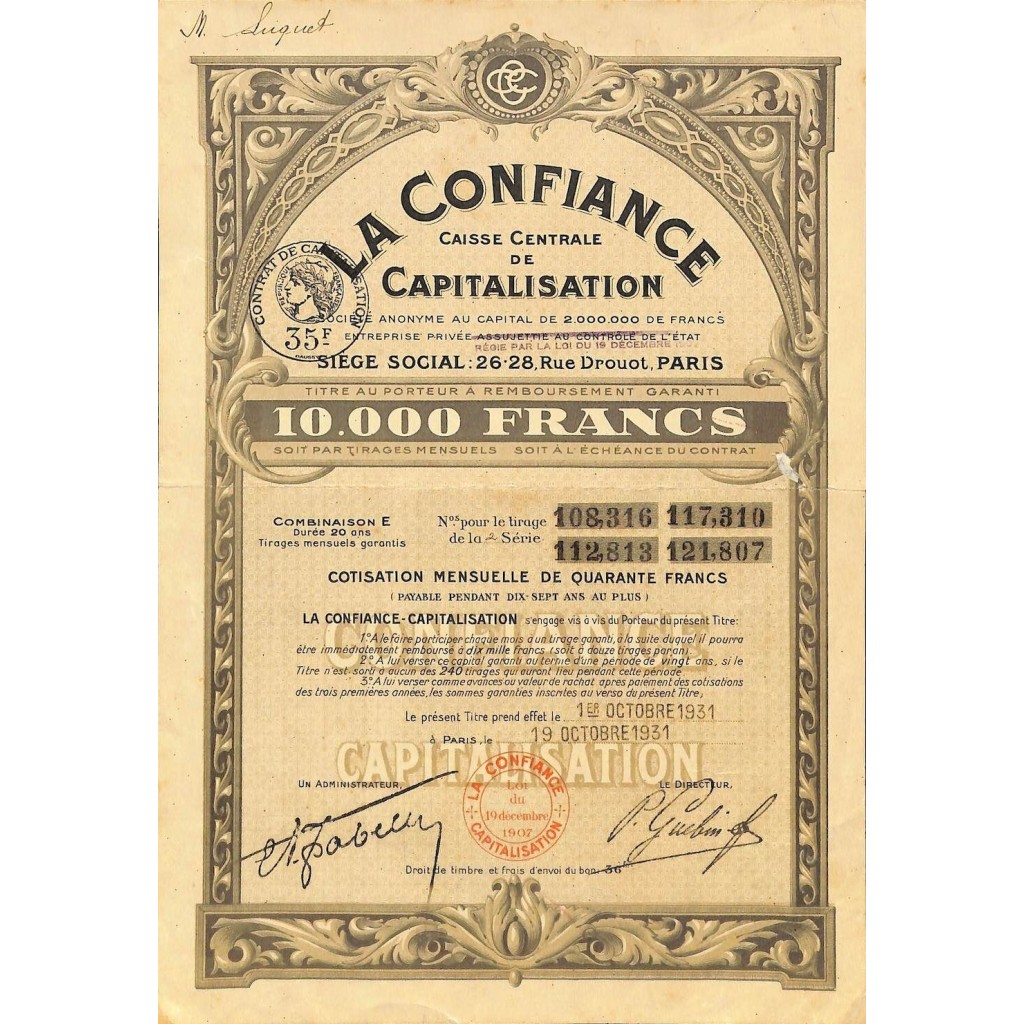 1931 - LA CONFIANCE - CAISSE CENTRALE DE...