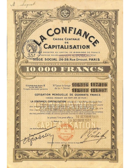 1931 - LA CONFIANCE - CAISSE CENTRALE DE CAPITALISATION
