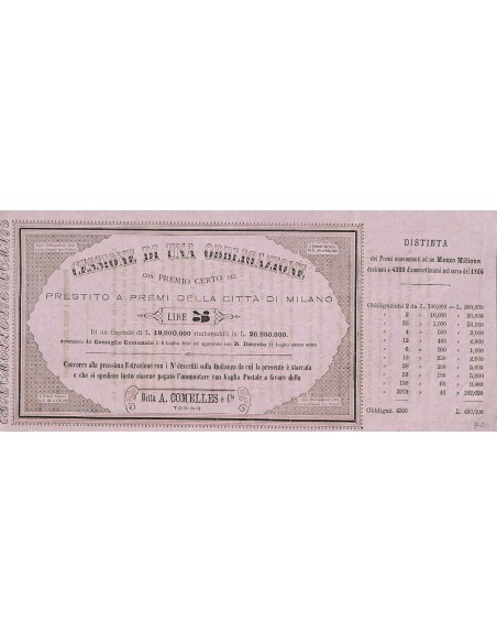 PRESTITO A PREMI DELLA CITTA' DI MILANO- CESSIONE DI UNA OBBLIGAZIONE 1861