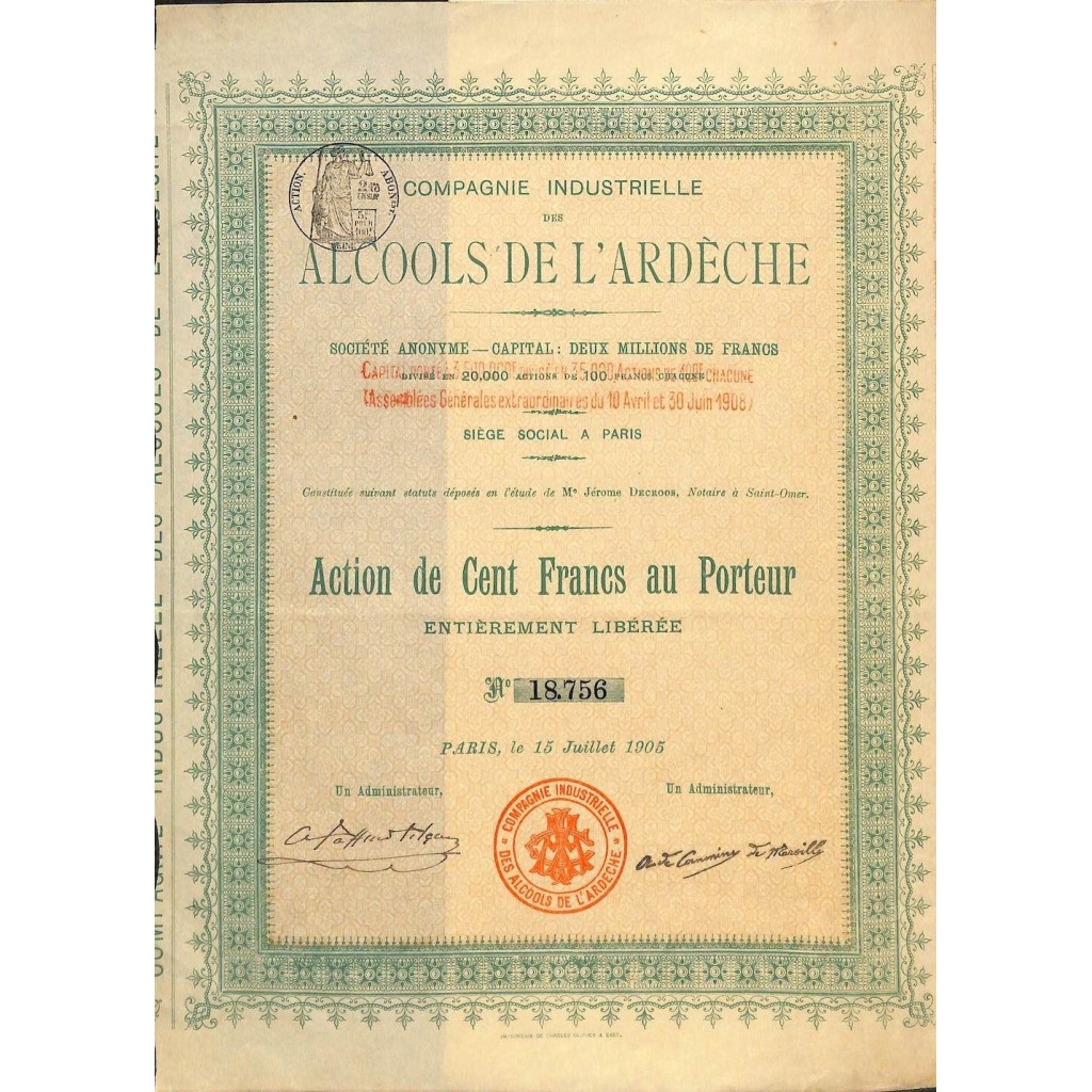 1905 - ALCOOLS DE L'ARDECHE COMP. INDUSTRIELLE DES