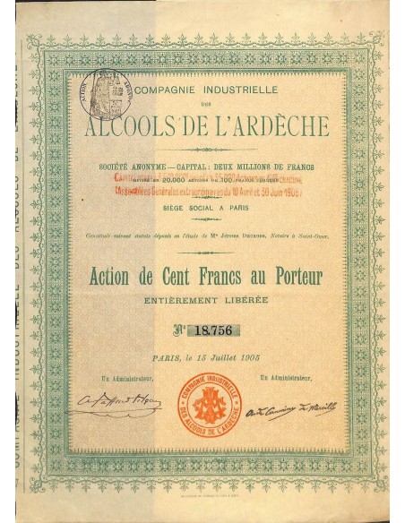 1905 - ALCOOLS DE L'ARDECHE COMP. INDUSTRIELLE DES