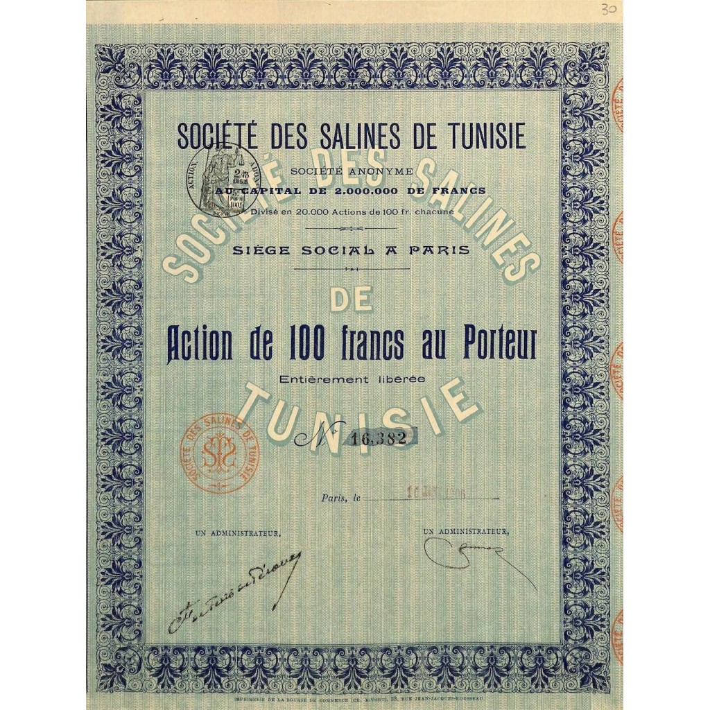 1906 - SALINES DE TUNISIE SOC. DES