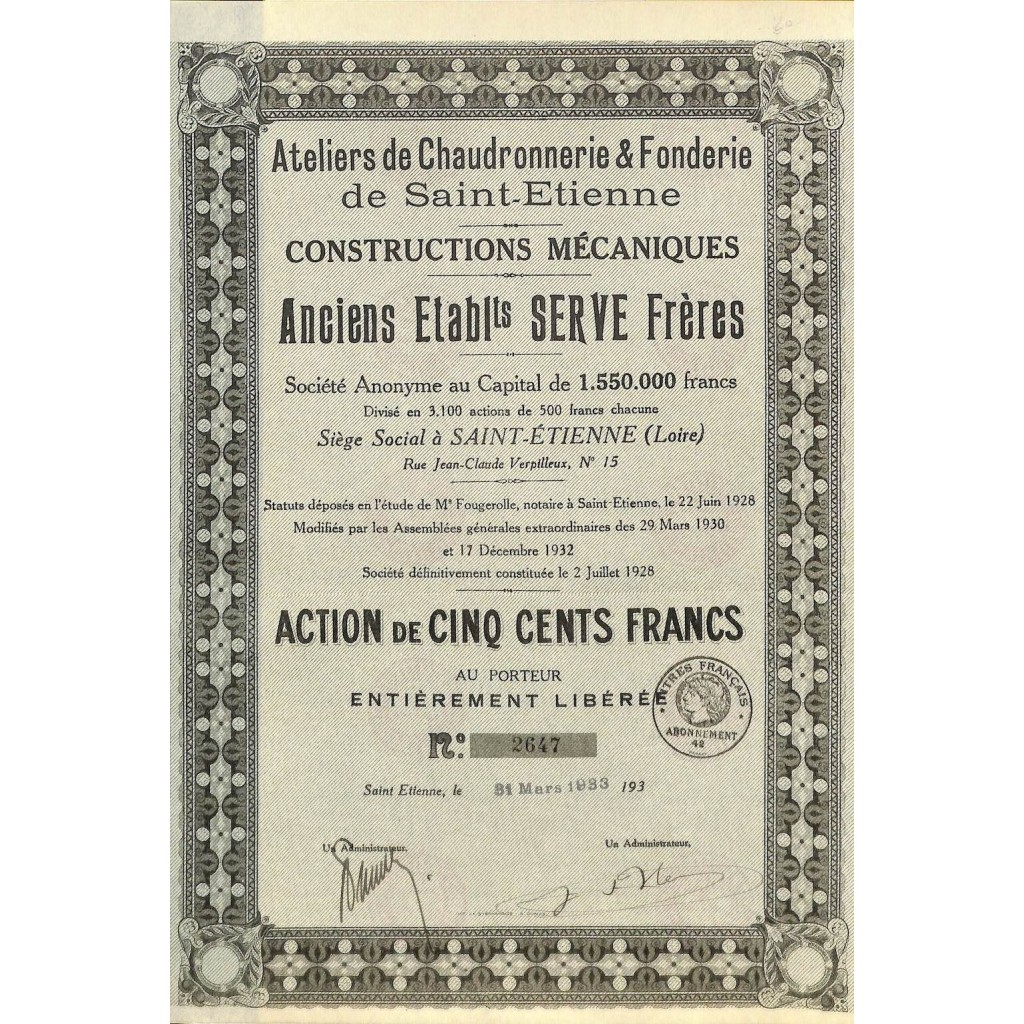 1933 - ATELIERS DE CHAUDRONNERIE ET FONDERIE DE...