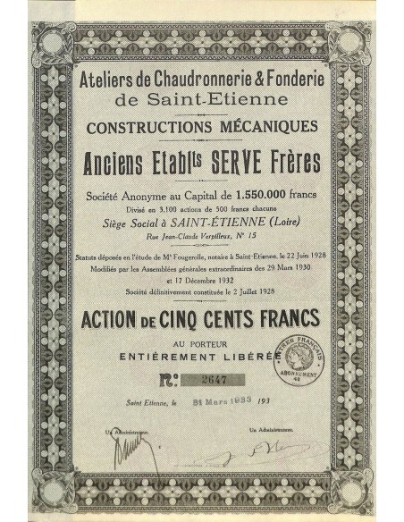 1933 - ATELIERS DE CHAUDRONNERIE ET FONDERIE DE SAINT-ETIENNE (ANCIENS ET. SERVE FRERES)