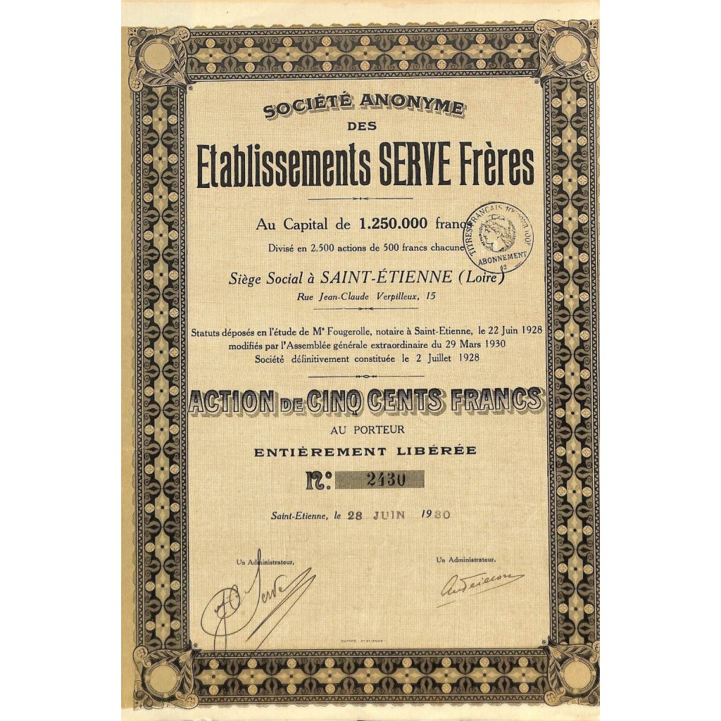 1930 - ETABLISSEMENTS SERVE FRERES SOC. ANON. DES