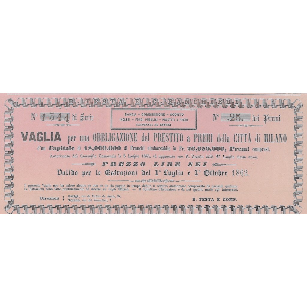PRESTITO A PREMI DELLA CITTA' DI MILANO - VAGLIA 1 OBBLIGAZIONE 1862