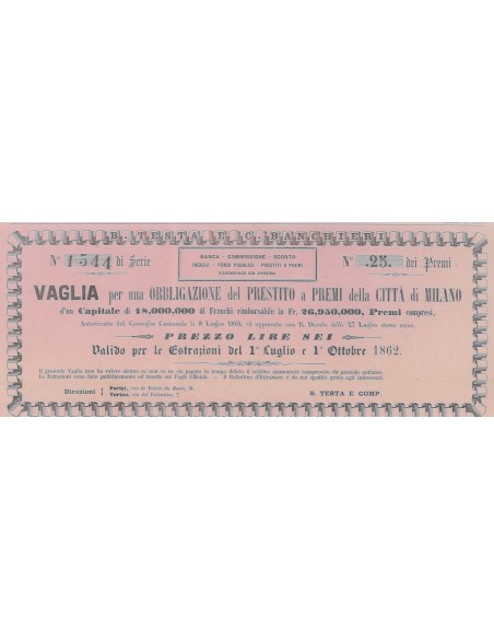 PRESTITO A PREMI DELLA CITTA' DI MILANO - VAGLIA 1 OBBLIGAZIONE 1862