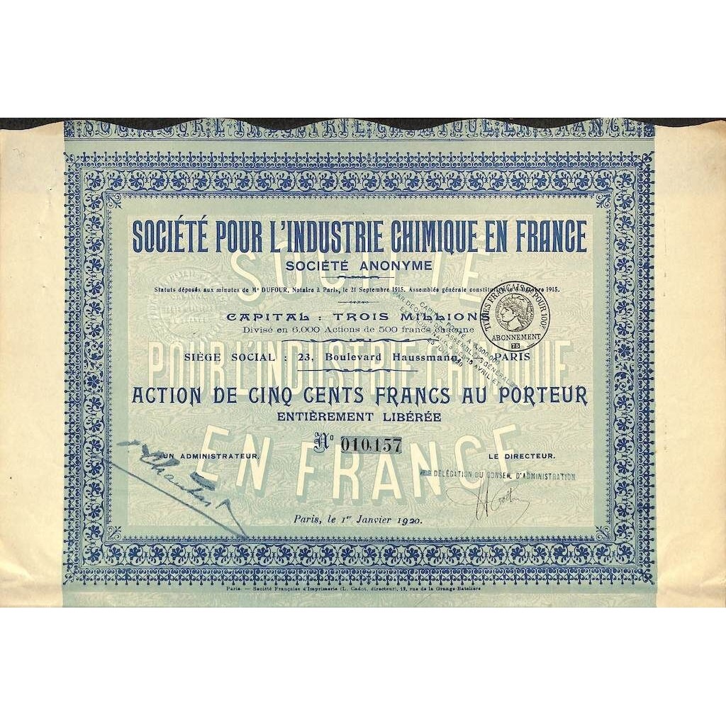 1920 - L'INDUSTRIE CHIMIQUE EN FRANCE SOC. POUR