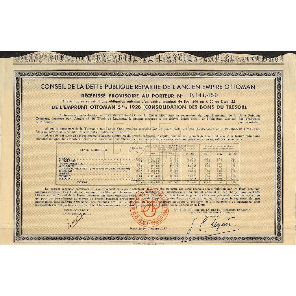 1933 - CONSEIL DE LA DETTE PUBLIQUE REPARTIE DE L'ANCIEN EMPIRE OTTOMAN