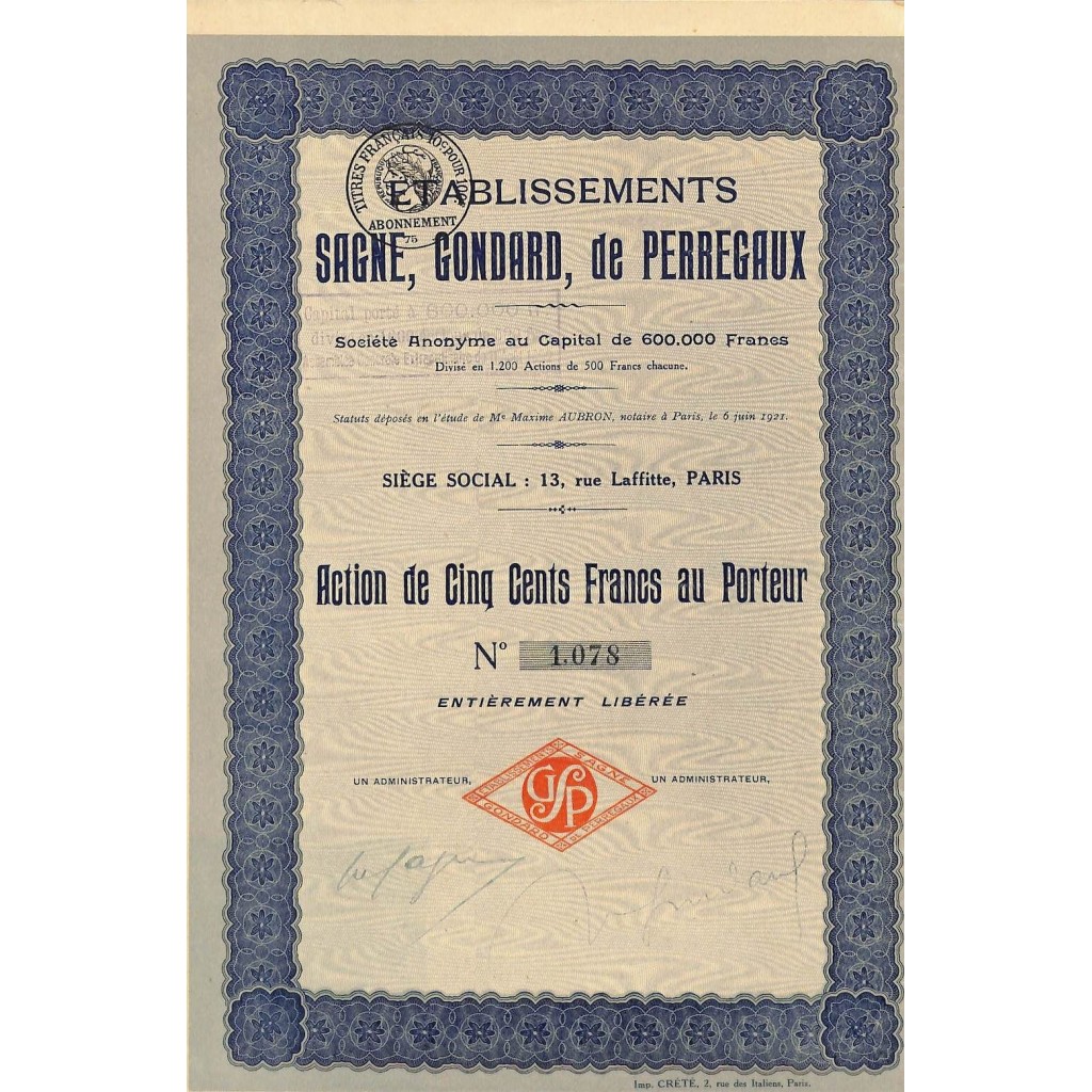 1921 - ETABLISSEMENTS SAGNE, GONDARD, DE PERREGAUX