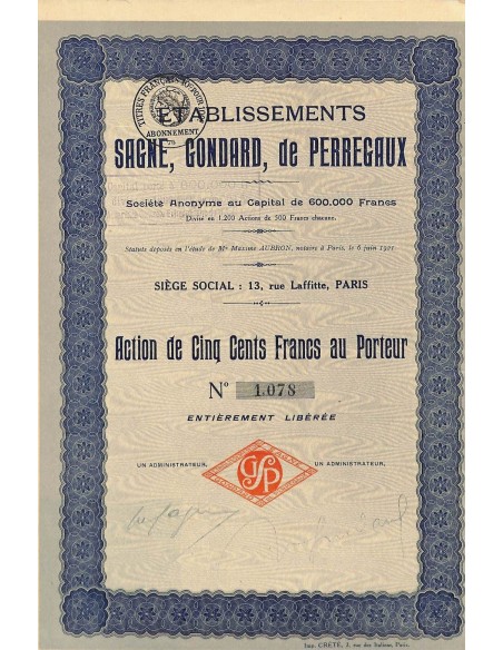 1921 - ETABLISSEMENTS SAGNE, GONDARD, DE PERREGAUX