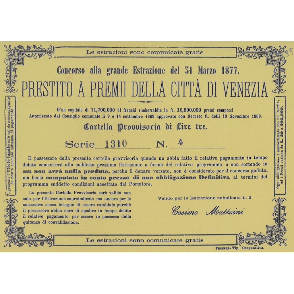 PRESTITO A PREMI DELLA CITTA' DI VENEZIA-CARTELLA PROVVISORIA 1877
