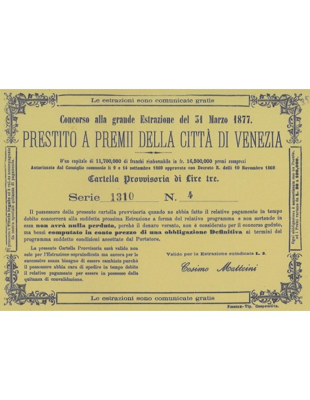 PRESTITO A PREMI DELLA CITTA' DI VENEZIA-CARTELLA PROVVISORIA 1877