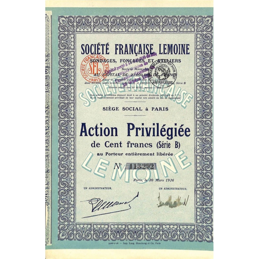 1926 - LEMOINE SOC. FRANCAISE (CAP. SOC....