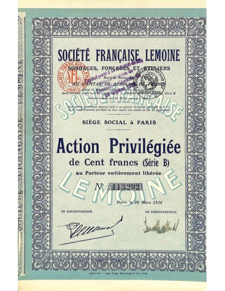 1926 - LEMOINE SOC. FRANCAISE (CAP. SOC. 47.000.000 DI FR.)