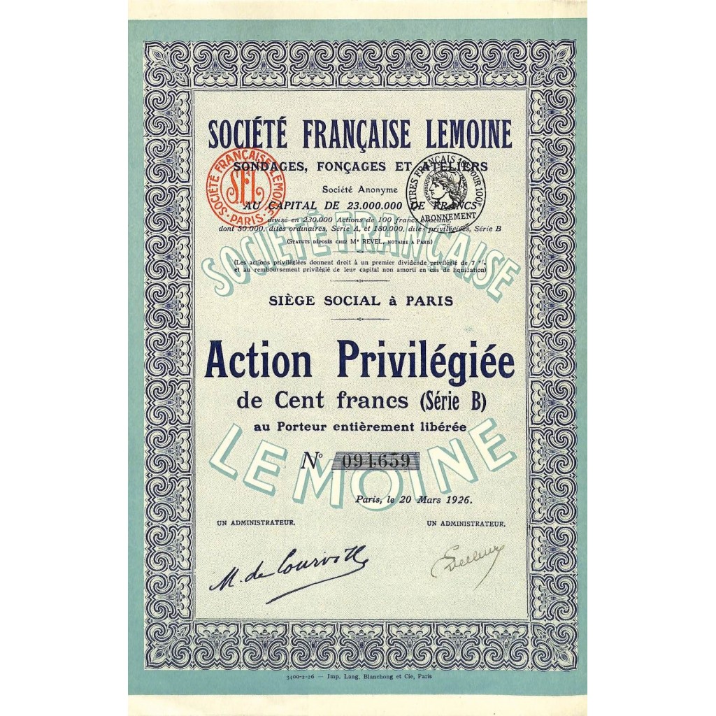1926 - LEMOINE SOC. FRANCAISE (CAP. SOC....