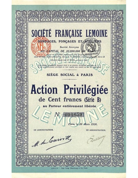 1926 - LEMOINE SOC. FRANCAISE (CAP. SOC. 23.000.000 DI FR.)