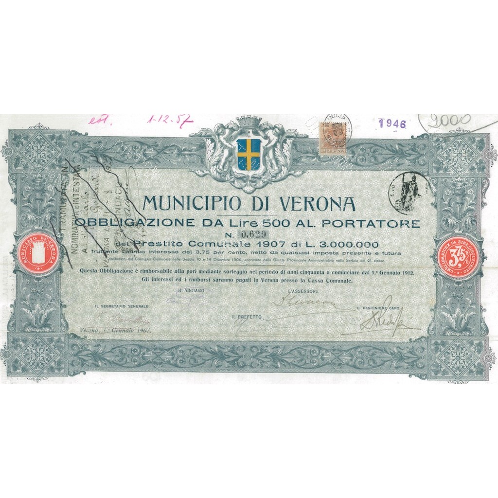 MUNICIPIO DI VERONA - 1 OBBLIGAZIONE 1907