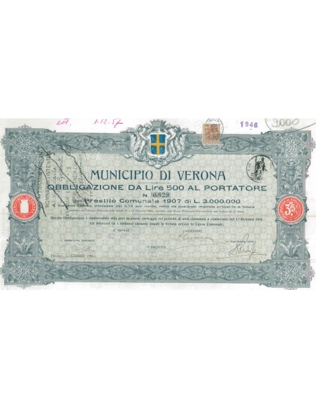 MUNICIPIO DI VERONA - 1 OBBLIGAZIONE 1907