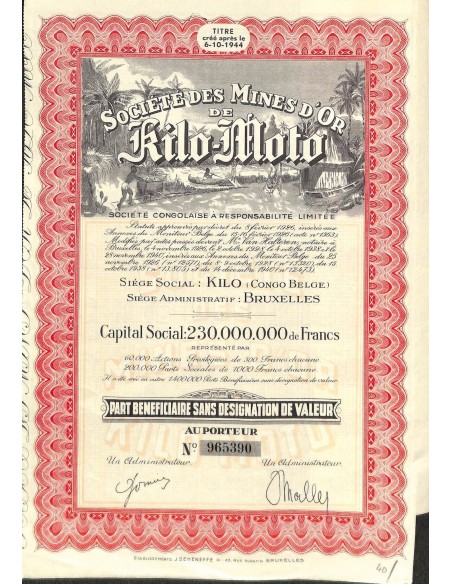 1944 - MINES D'OR DE KILO-MOTO SOC. DES - PART BENEFIC.