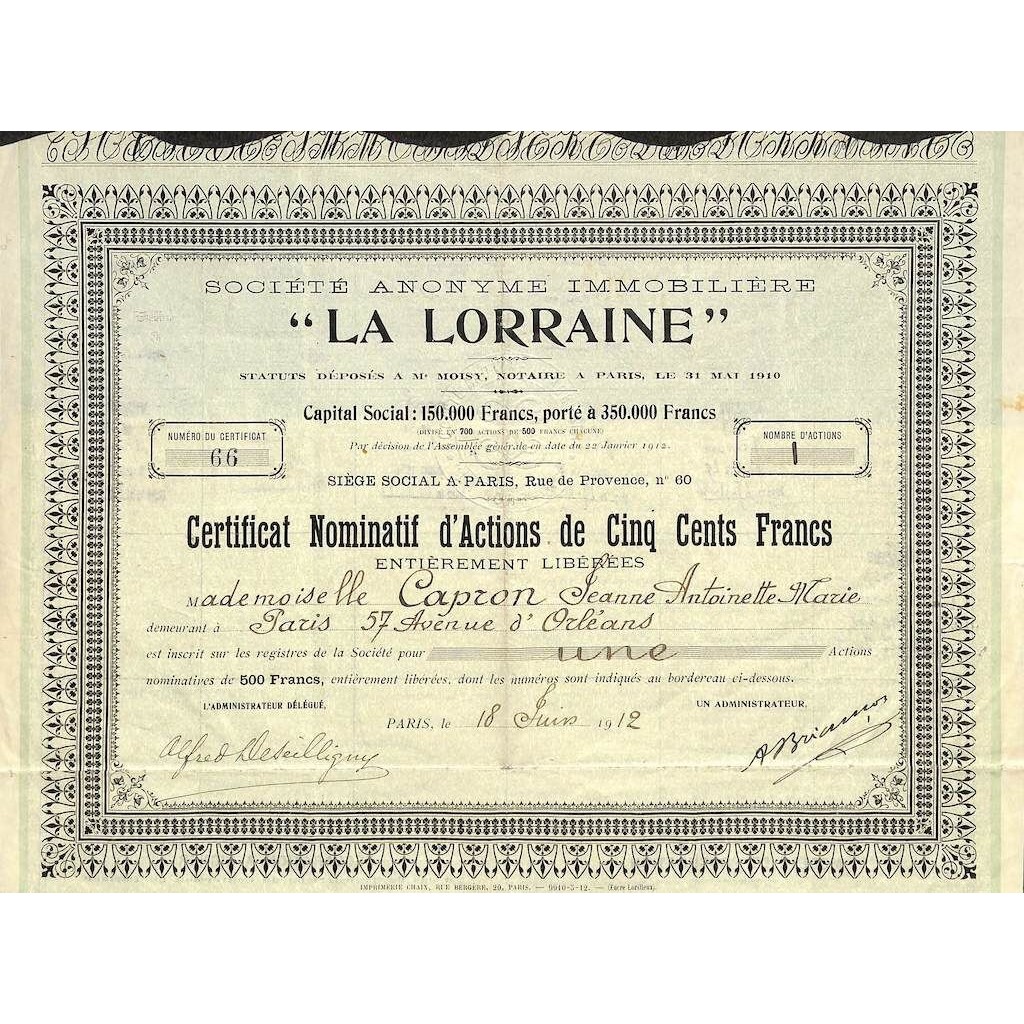 1912 - LA LORRAINE - SOC. ANON. IMMOBILIERE