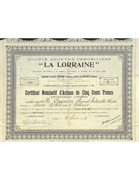 1912 - LA LORRAINE - SOC. ANON. IMMOBILIERE