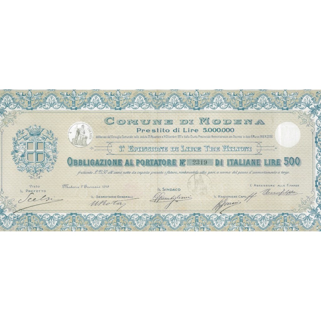 COMUNE DI MODENA - UNA OBBLIGAZIONE 1919