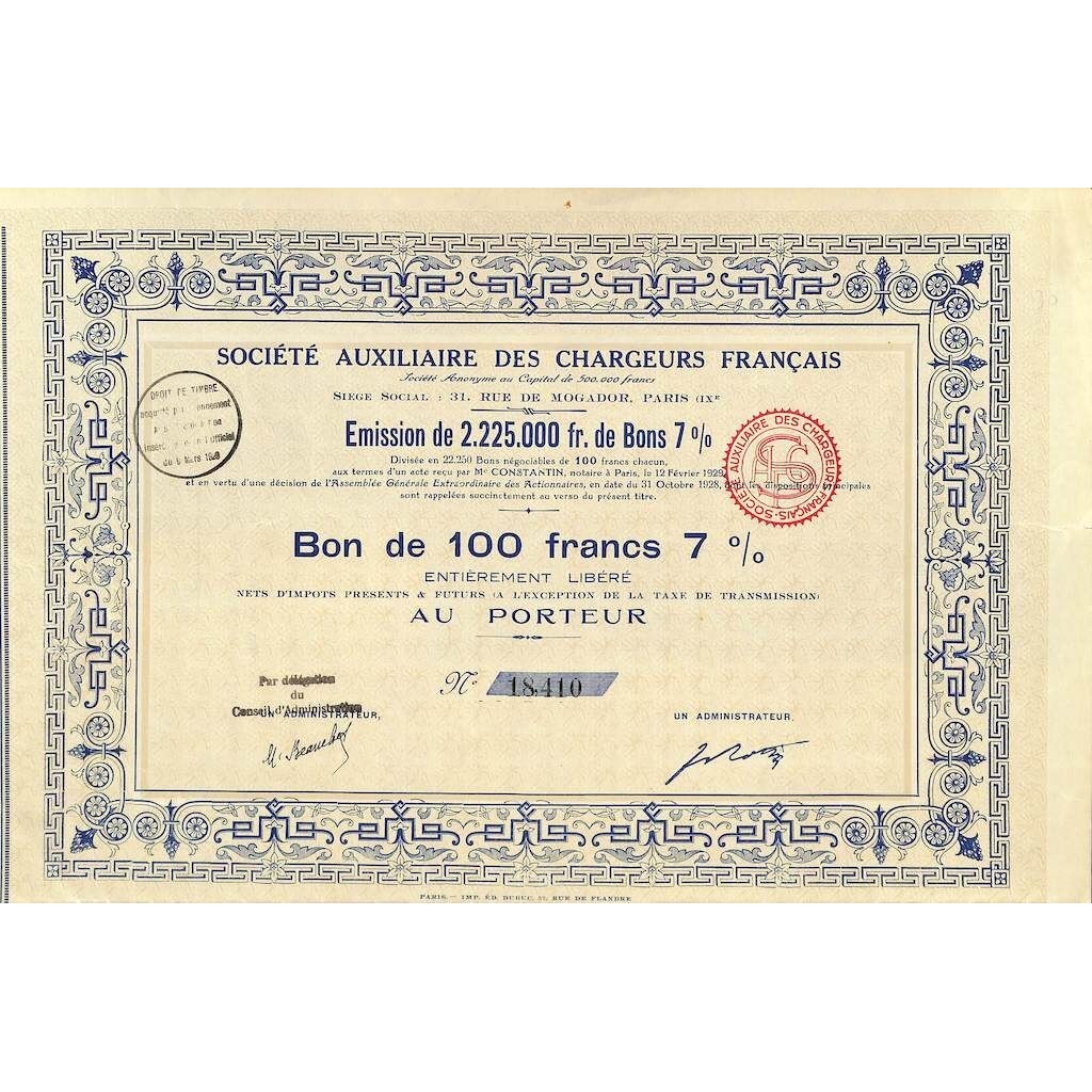 1929 - AUXILIAIRE DES CHARGEURS FRANCAIS SOC.