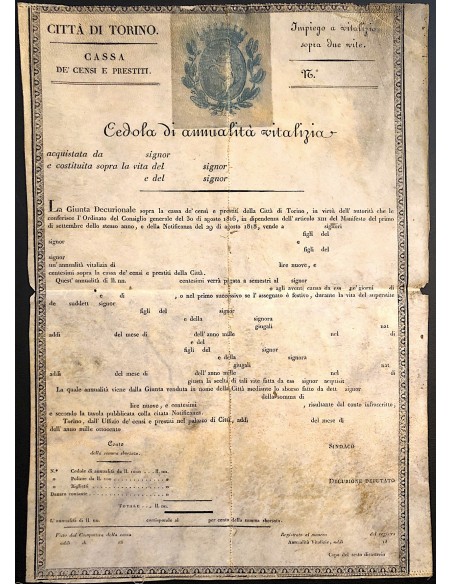 1816 - CITTA' DI TORINO CASSA DE CENSI E PRESTITI CEDOLA DI ANNUALITA' VITALIZIA