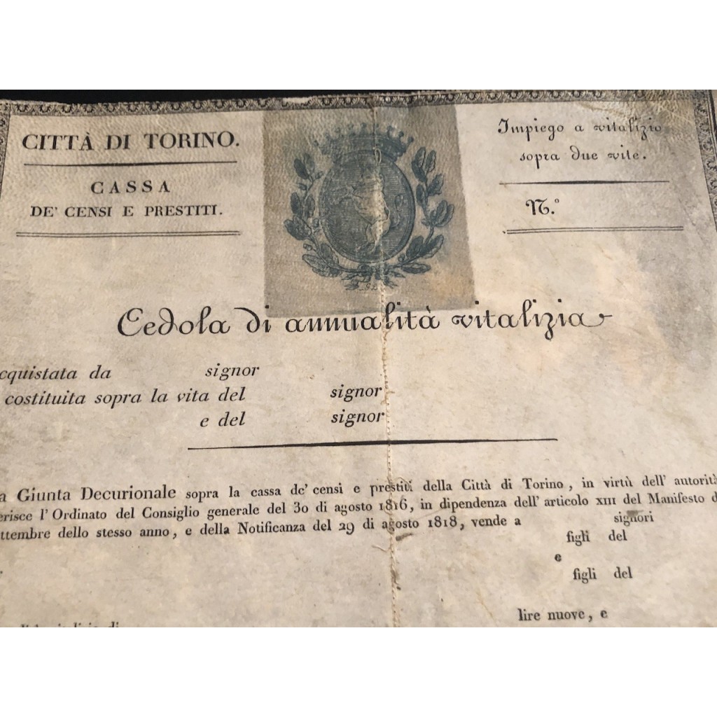 1816 - CITTA' DI TORINO CASSA DE CENSI E...