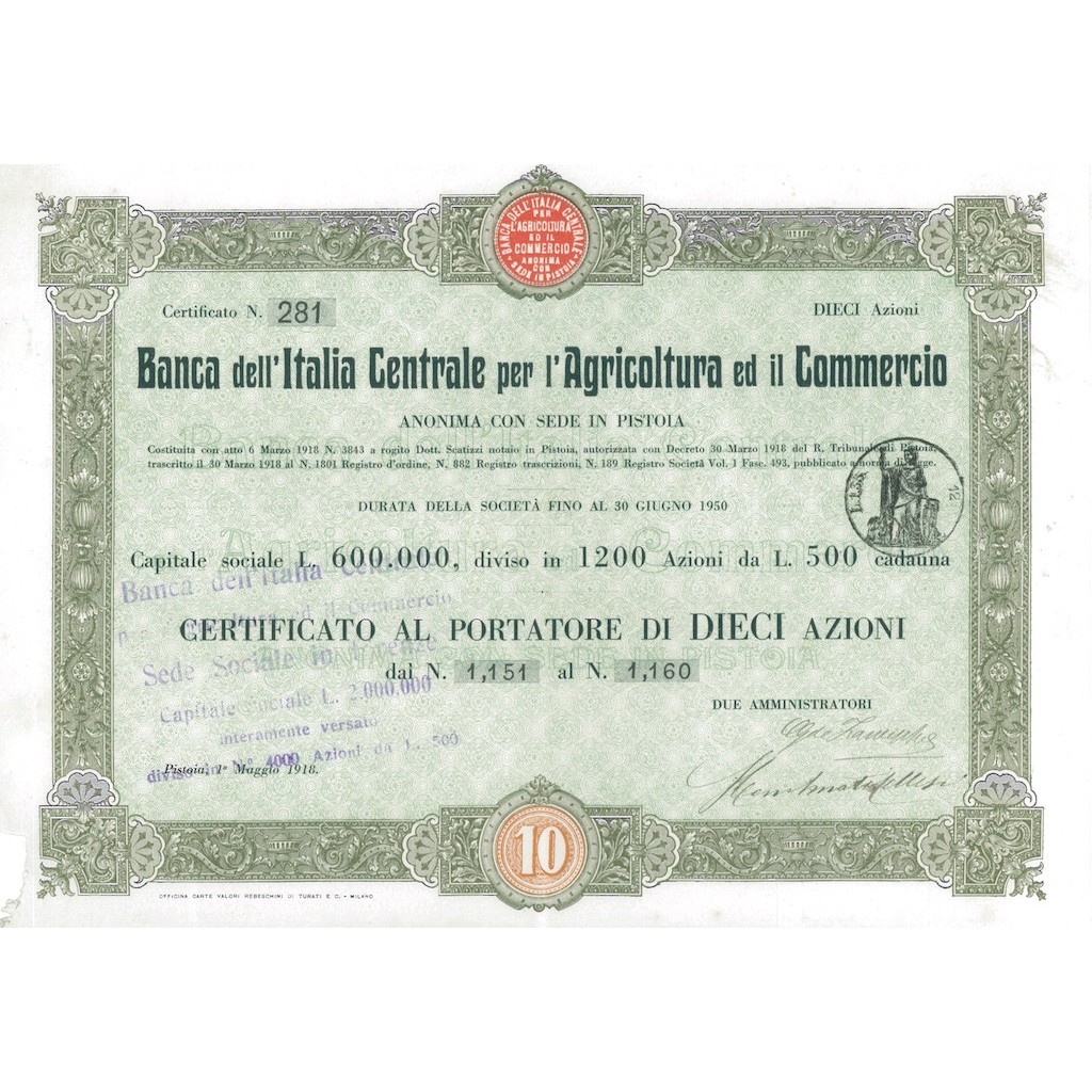 BANCA DELL'ITALIA CENTRALE PER L'AGRICOLTURA ED IL COMMERCIO 10 AZIONI PISTOIA