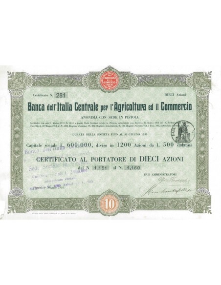 BANCA DELL'ITALIA CENTRALE PER L'AGRICOLTURA ED IL COMMERCIO 10 AZIONI PISTOIA