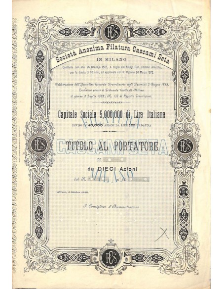 SOCIETA' ANONIMA FILATURA CASCAMI DI SETA - 10 AZIONI MILANO 1888