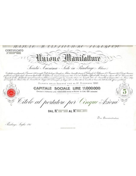 UNIONE MANIFATTURE SOC. ANONIMA - 5 AZIONI PARABIAGO 1911