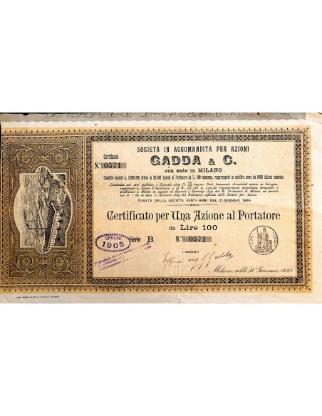 1899 - SOC. IN ACCOMANDITA PER AZIONI GADDA & C. - 1 AZIONE - MILANO